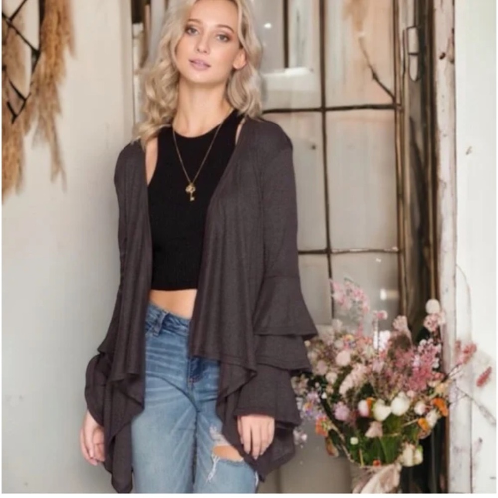 Everly Lightweight Charcoal Grey Open Cardigan with Ruffled Sleeves Size Medium